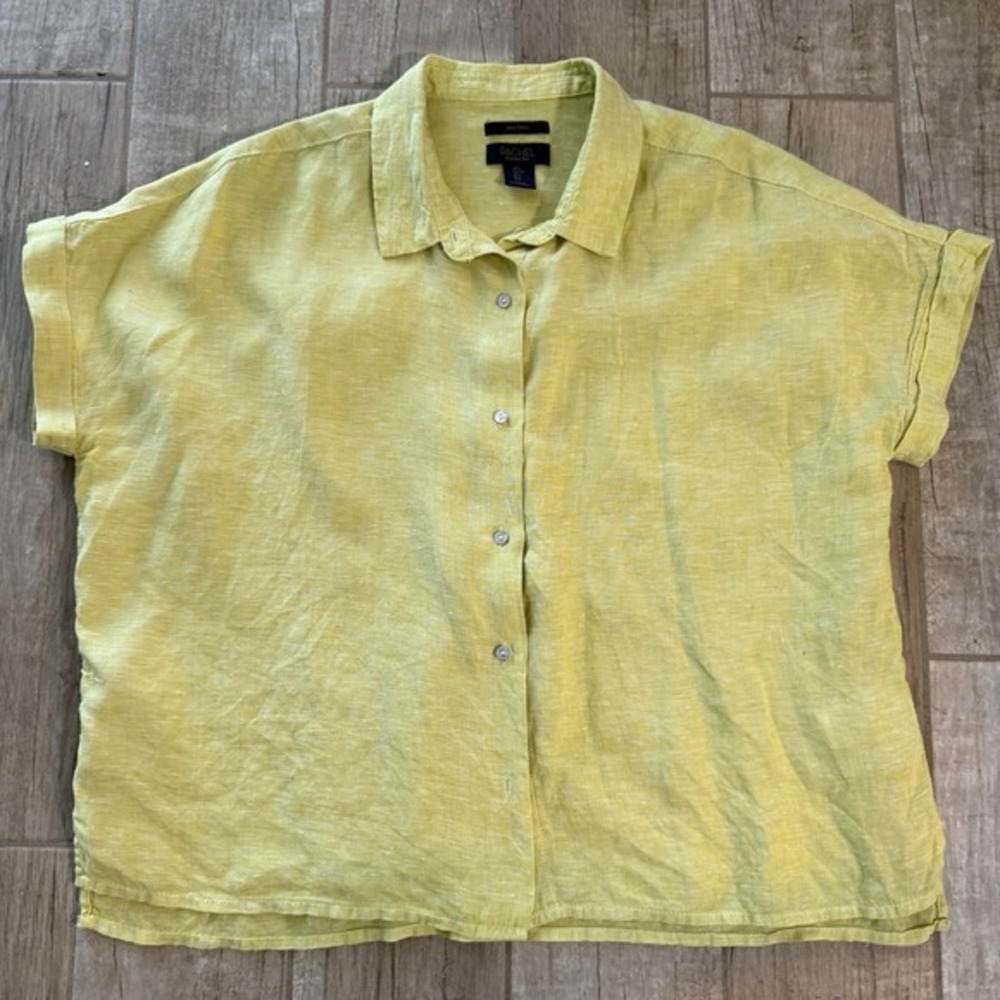 Rachel Roy 100% Linen Button Up Shirt Lime Green Short Sleeves Womens Large EUC